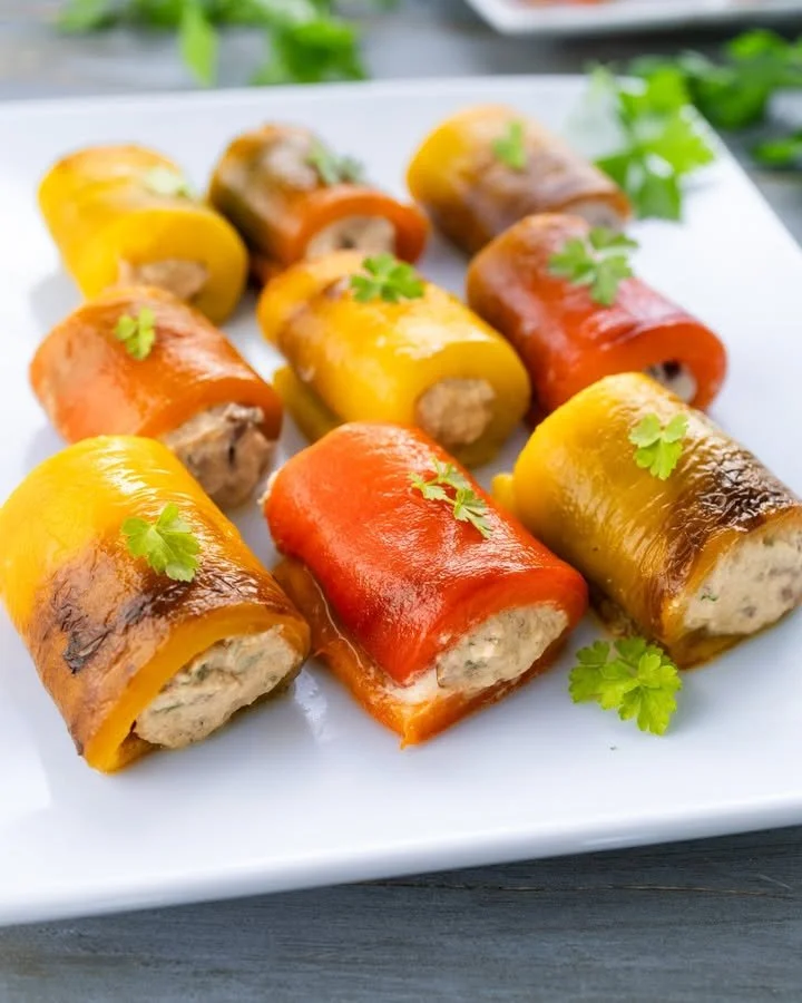 Involtini di peperoni ripieni di tonno e formaggio, piatto appetitoso e colorato.