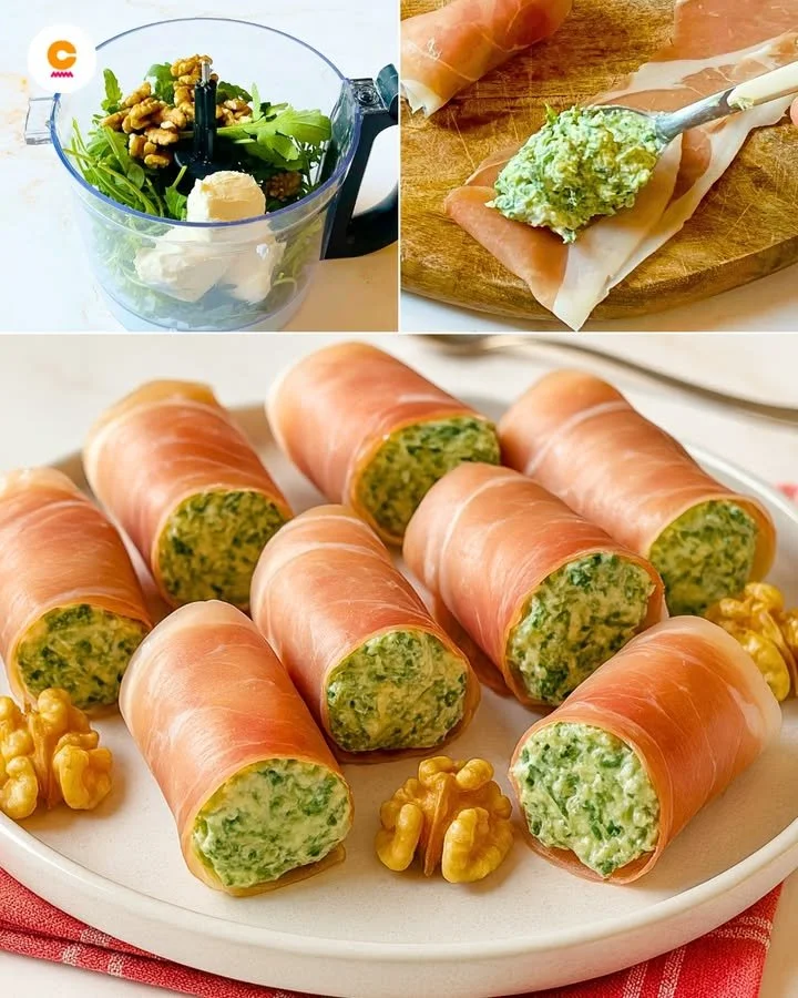 Involtini di Prosciutto con rucola e noci su un piatto elegante