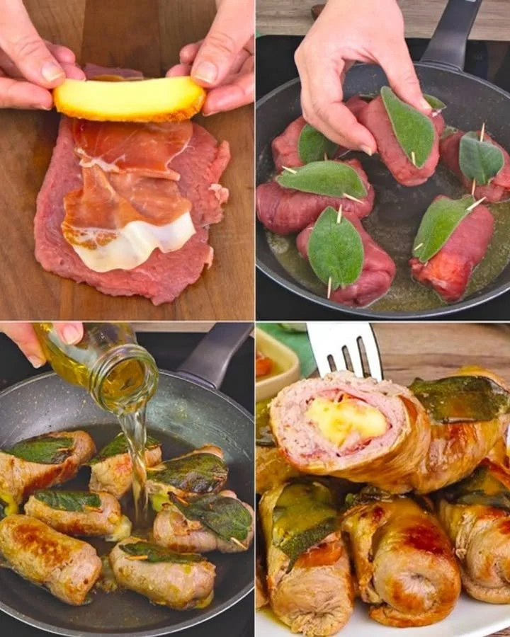 Involtini di Vitello con Prosciutto, Formaggio e Salvia preparati con ingredienti freschi.