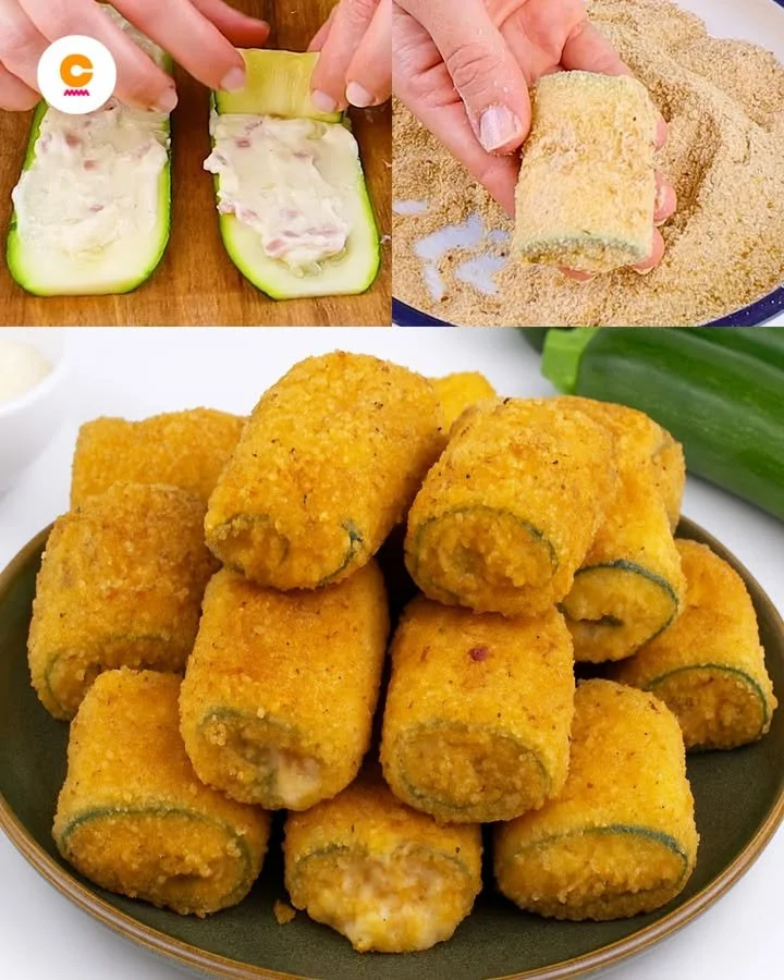 Involtini di zucchine impanate pronti da servire su un piatto.