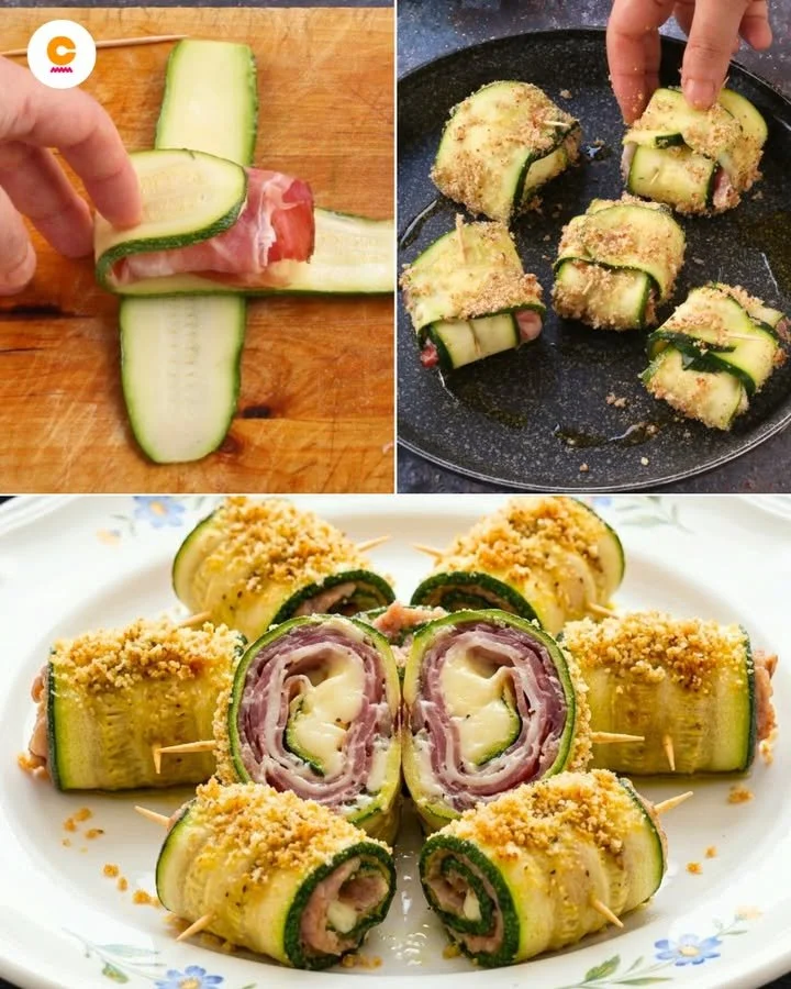 Involtini di zucchini ripieni di formaggio e prosciutto, un piatto delizioso.