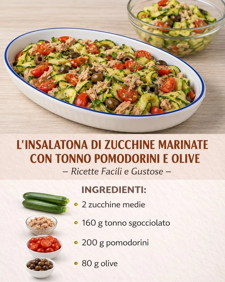 Insalatona di zucchine marinate con tonno, pomodorini e olive