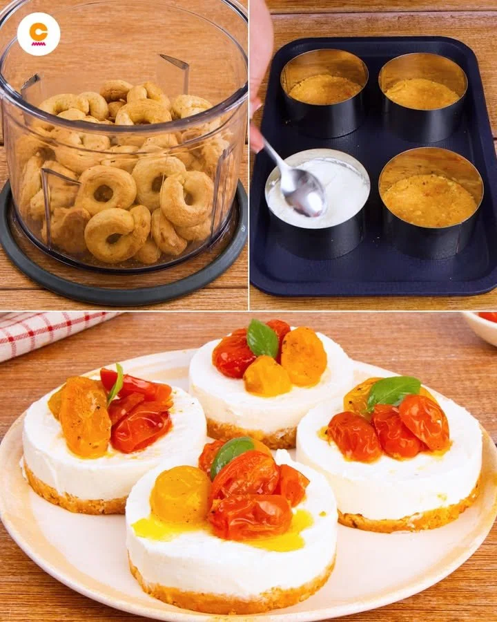 Mini cheesecake salate con pomodorini freschi e decorazioni gastronomiche