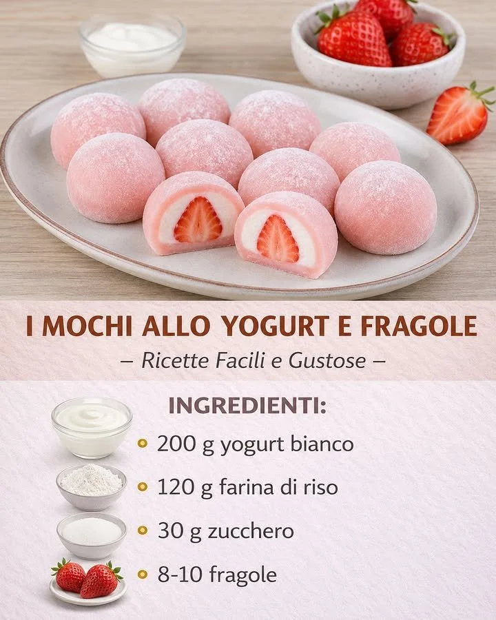 Mochi allo yogurt e fragole, un dessert dolce e fresco.