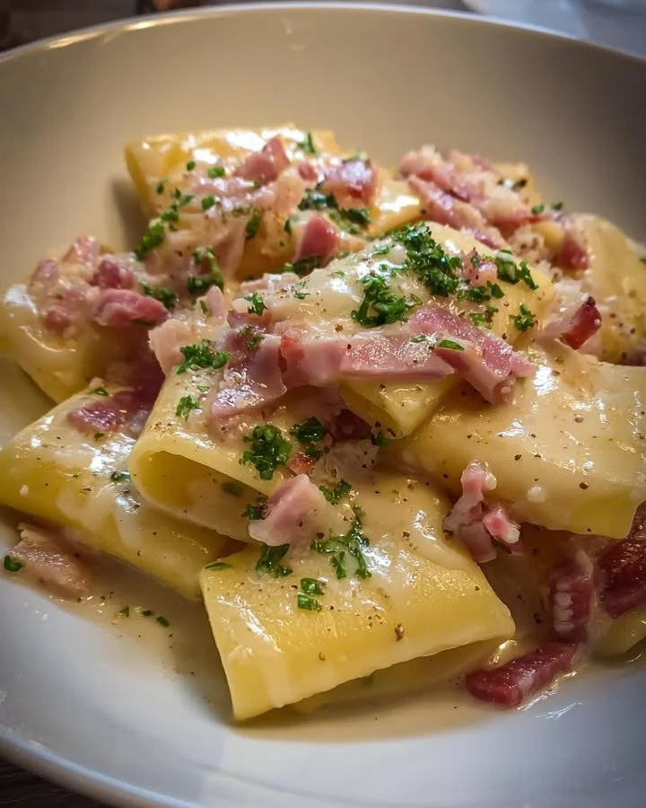 Paccheri con crema di patate e pancetta su un piatto