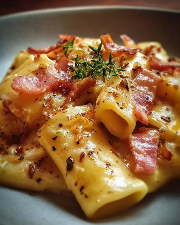 Paccheri con patate, pancetta e scamorza affumicata in un piatto delizioso