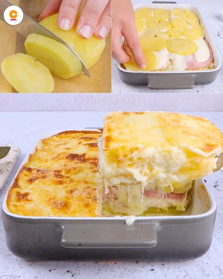 Piatto di Parmigiana di Patate cotto al forno con formaggio e salsa di pomodoro.