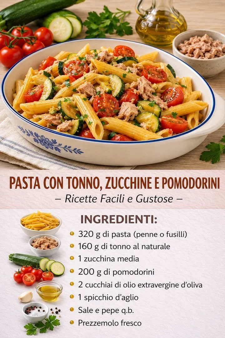 Pasta con tonno, zucchine e pomodori di ciliegia in un piatto appetitoso
