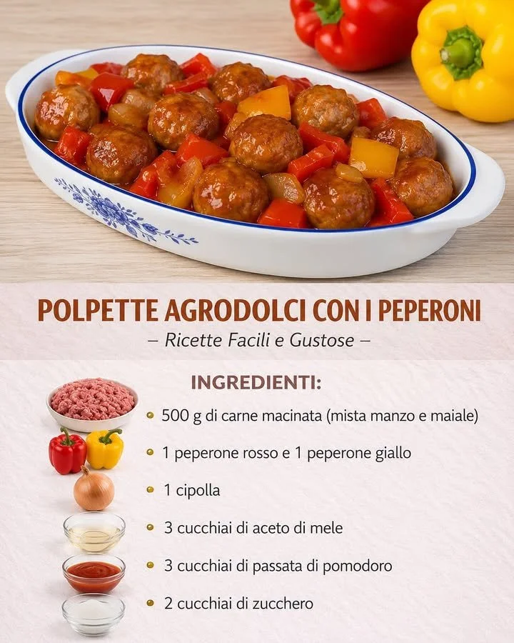 Polpette agrodolci con peperoni servite su un piatto bianco