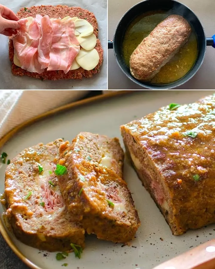 Polpettone in padella cotto a perfezione con contorni appetitosi.