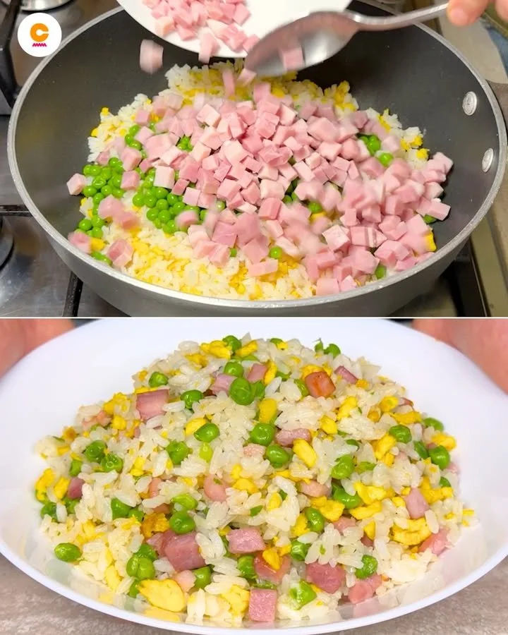 Piatto di Riso alla Cantonese con verdure e uova strapazzate