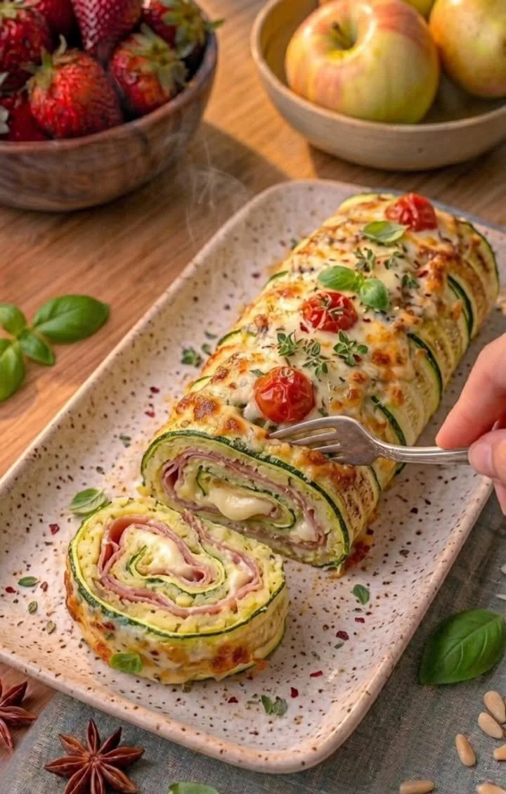 Rotolo di Zucchine ripieno di purè di patate, prosciutto e mozzarella