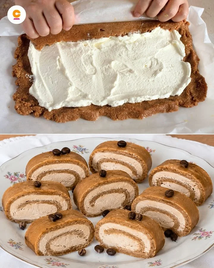 Rotolo Furbo al Caffè decorato con crema e chicchi di caffè