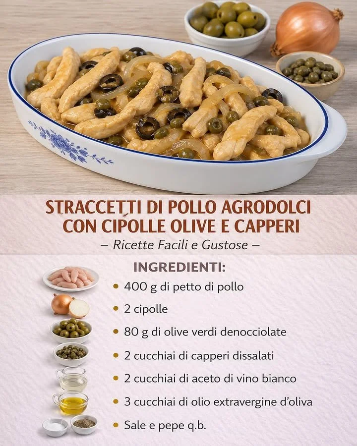 Straccetti di pollo agrodolci con cipolle, olive e capperi in un piatto appetitoso.