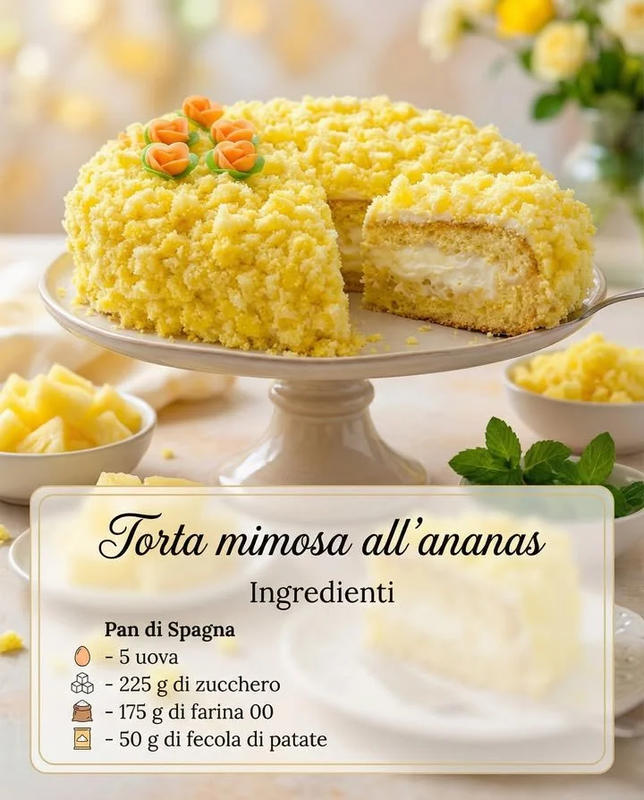 Torta Mimosa all'Ananas decorata con fiori di crema e pezzi di ananas