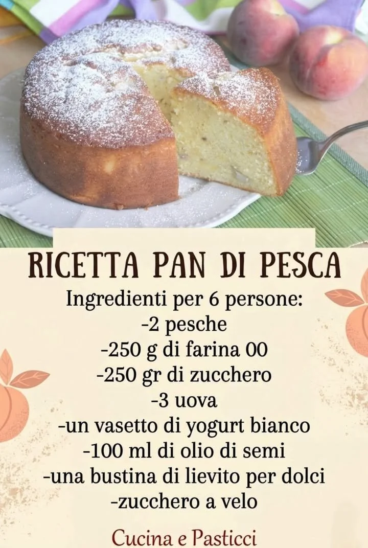 Torta Pan di pesche con fette di pesca fresche e crema