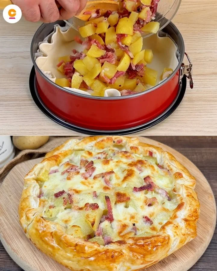 Torta salata di patate e speck appena sfornata, pronta per essere servita.