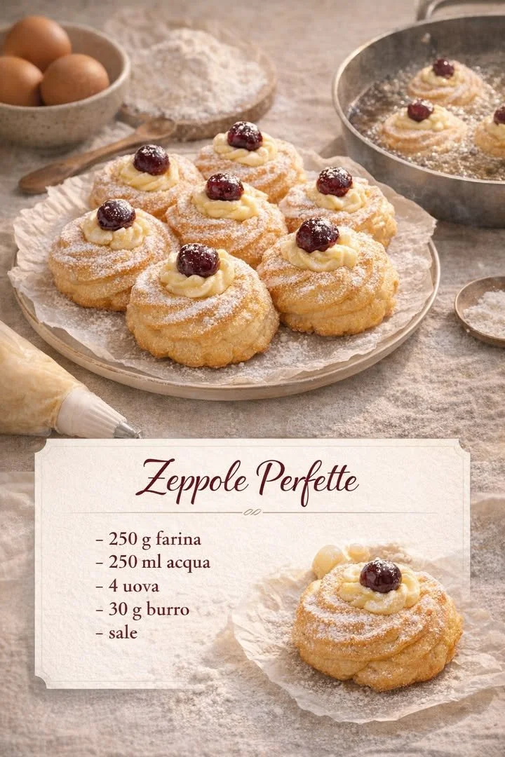 Zeppole tradizionali italiane, dolci fritti ripieni di crema e spolverati di zucchero a velo.