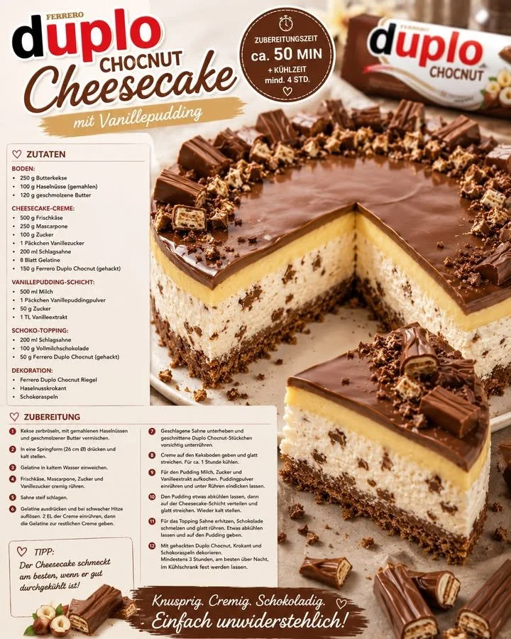 Cheesecake Ferrero Duplo Chocnut con Pudding alla Vaniglia in un piatto elegante
