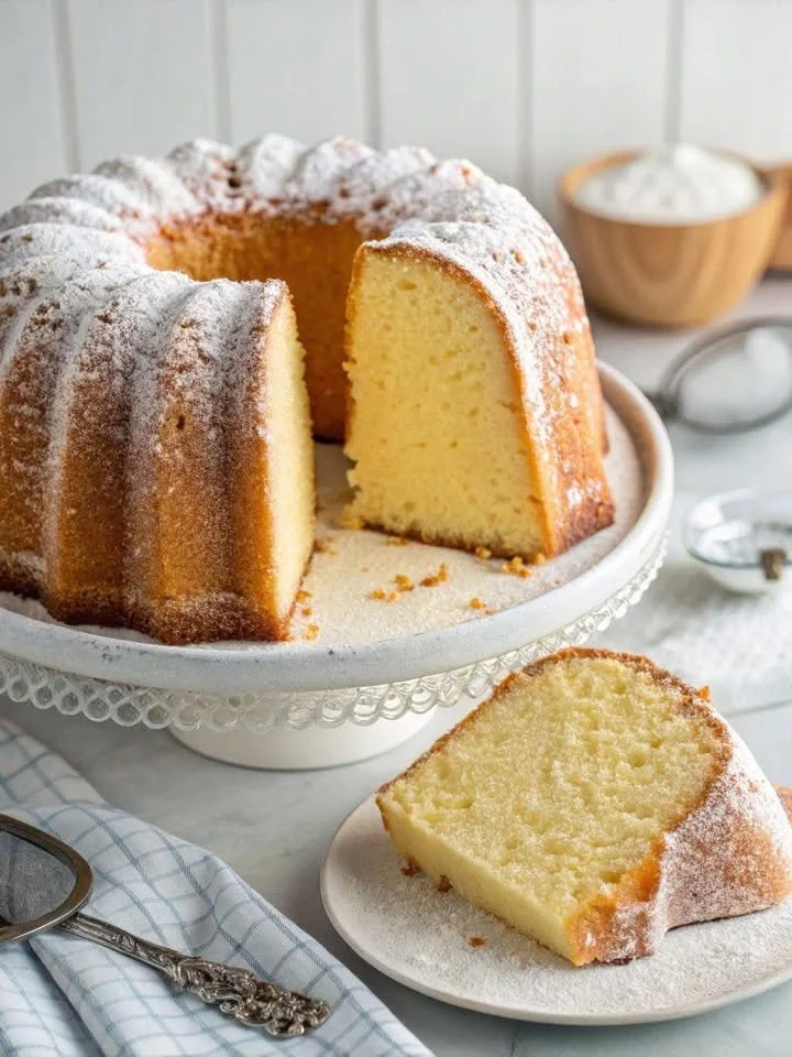 Ciambellone soffice allo yogurt appena sfornato con una spolverata di zucchero a velo.