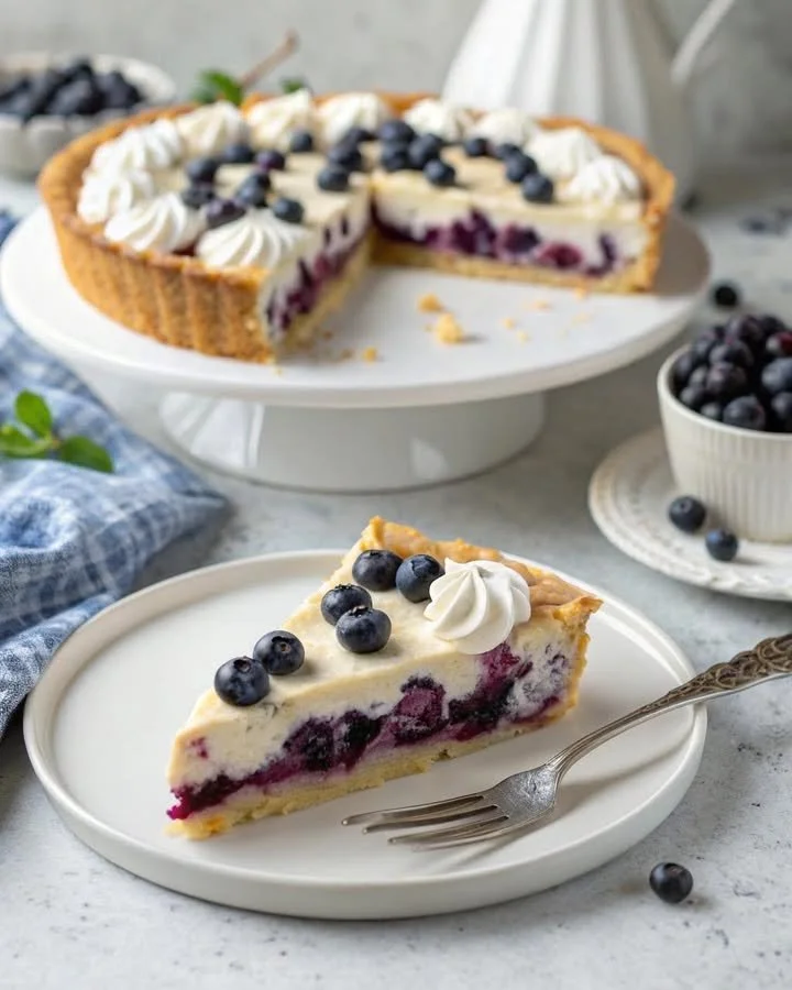 Crostata fredda ai mirtilli e crema, dolce fresco e goloso.
