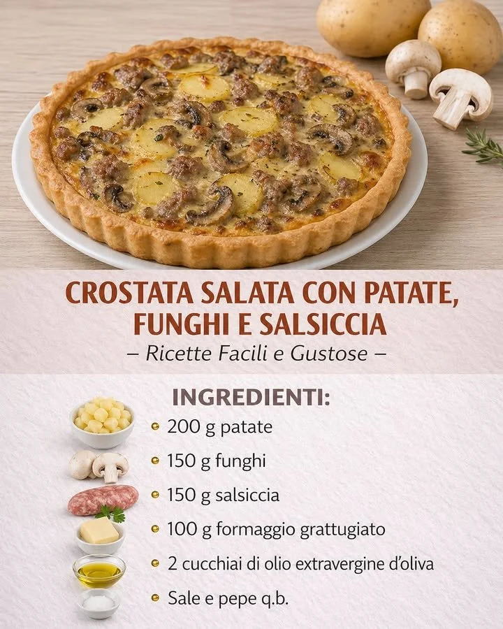Crostata Salata di Patate, Funghi e Salsiccia servita su un piatto