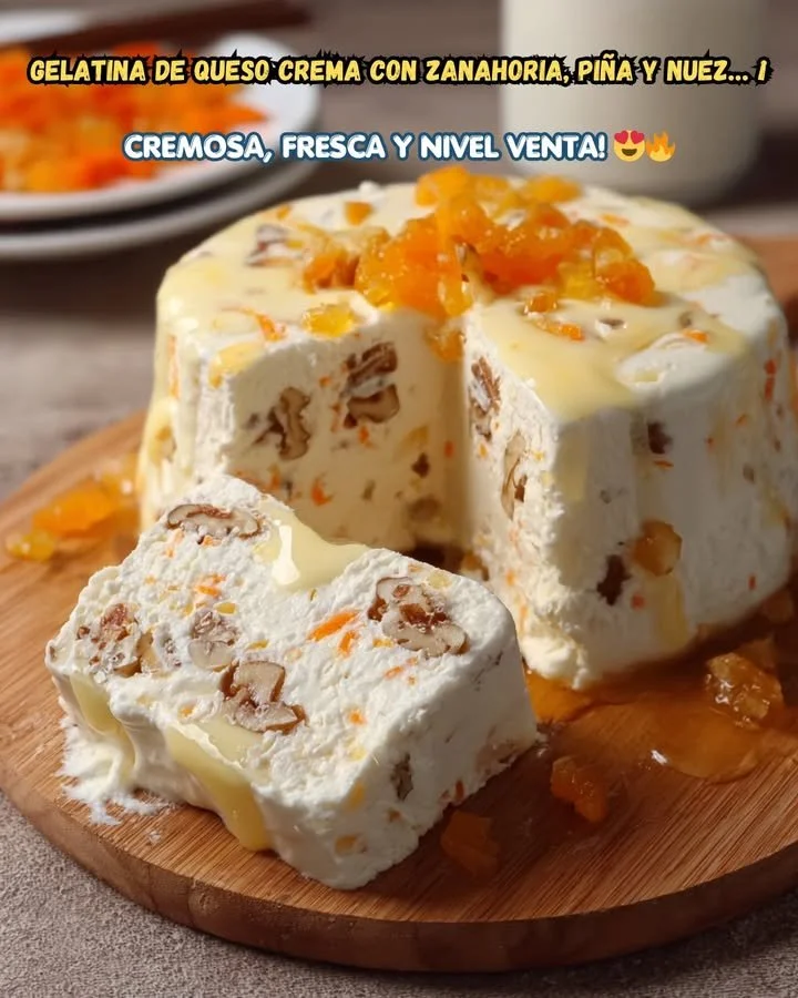 Gelatina di Formaggio Crema con Carota, Ananas e Noci in un piatto elegante