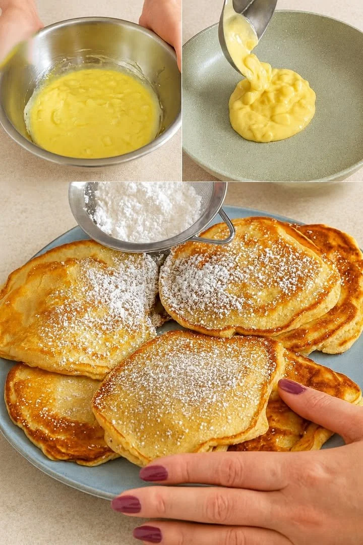 Pancakes di mele e cannella su un piatto decorato con zucchero a velo