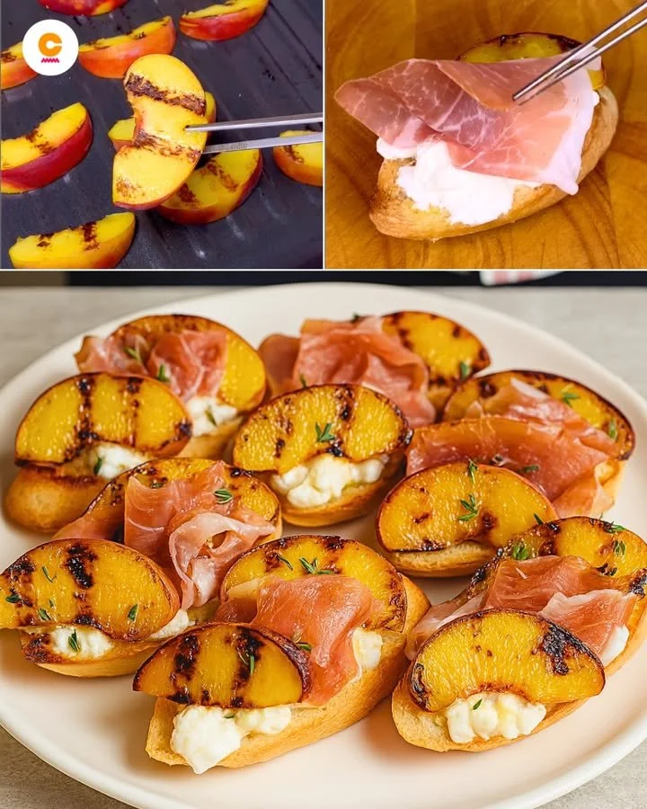 Pesche grigliate con burrata e prosciutto crudo, piatto estivo gourmet