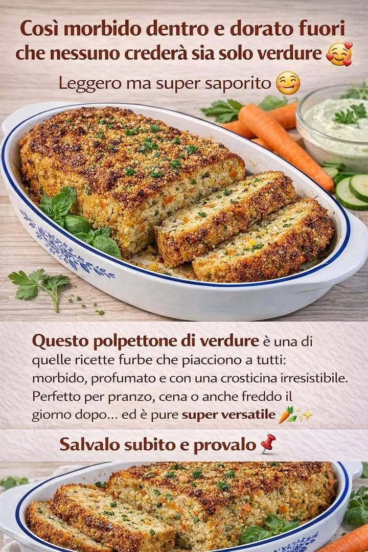 Polpettone di Verdure fragrante e colorato, servito con contorni freschi.