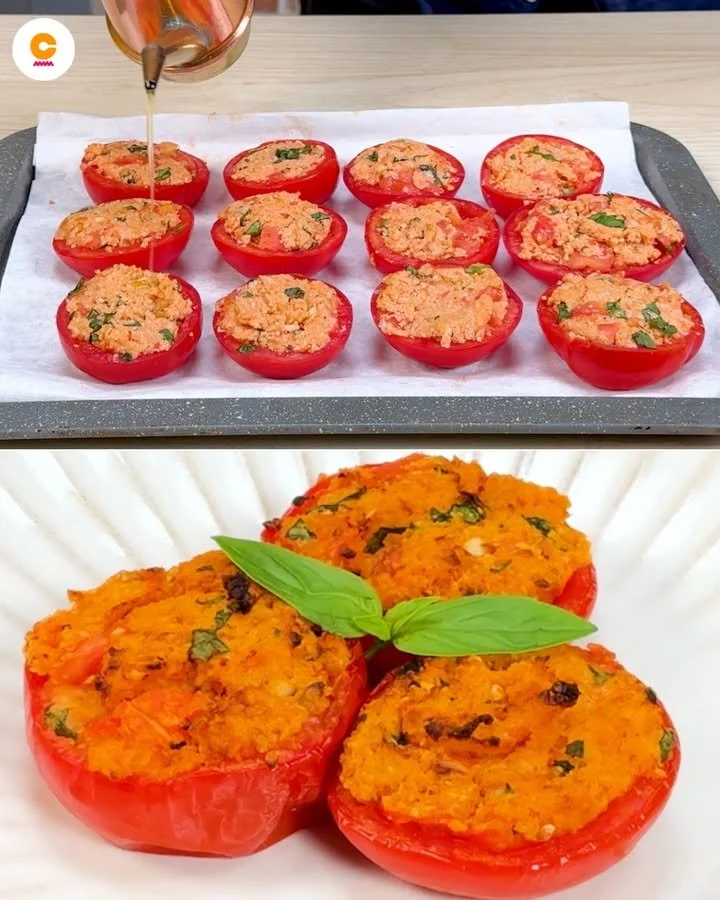 Pomodori ripieni al forno pronti da servire, piatto tradizionale italiano
