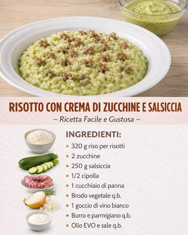 Risotto Zucchine e Salsiccia servito con una spolverata di formaggio