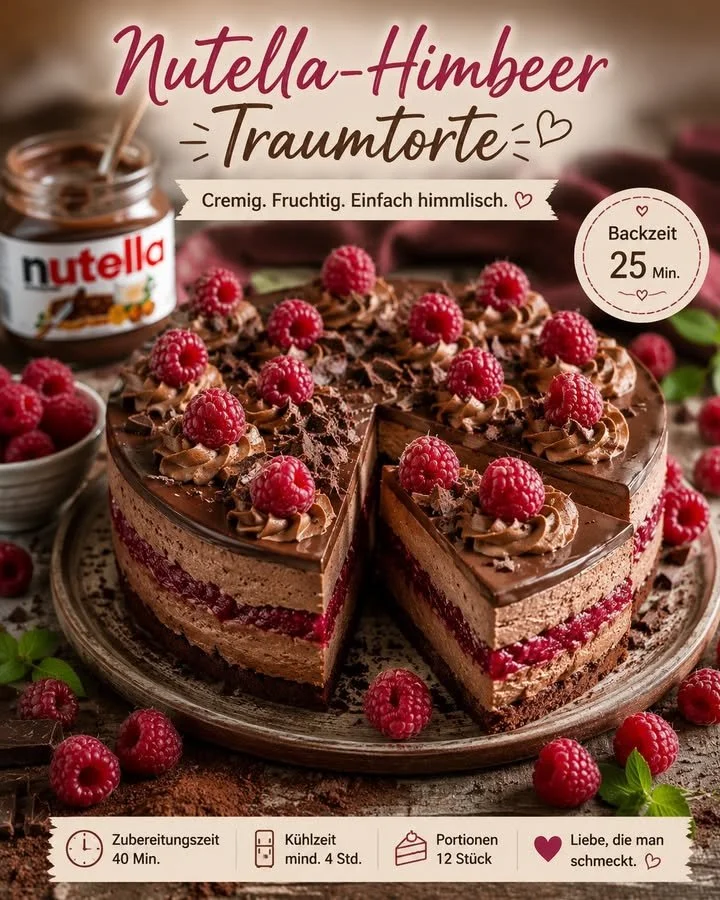 Deliziosa Torta ai Lamponi e Nutella pronta da servire.