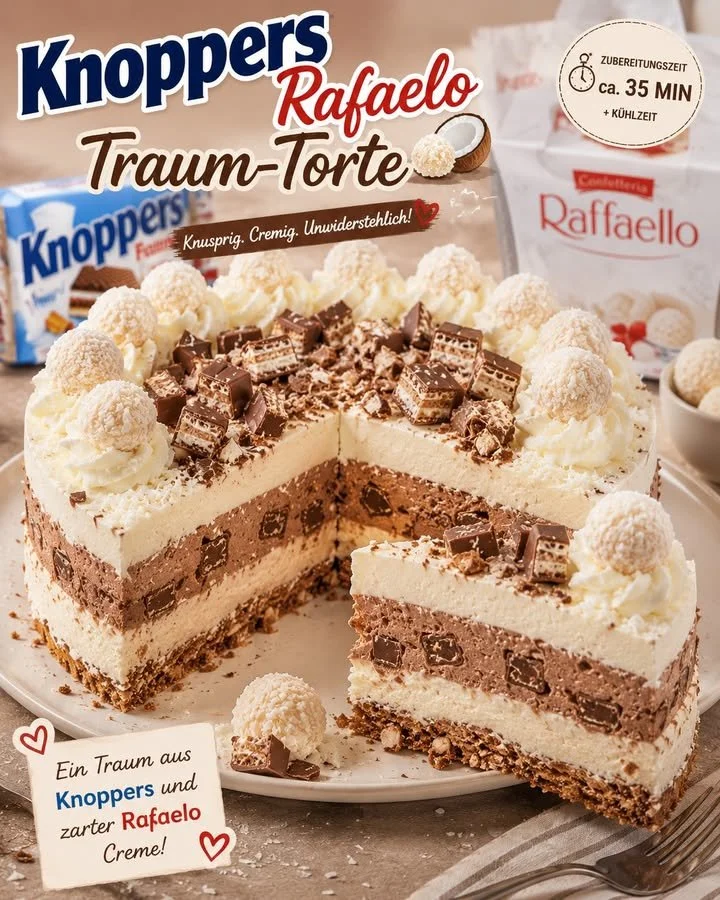 Torta da sogno Knoppers Raffaello decorata e pronta da servire