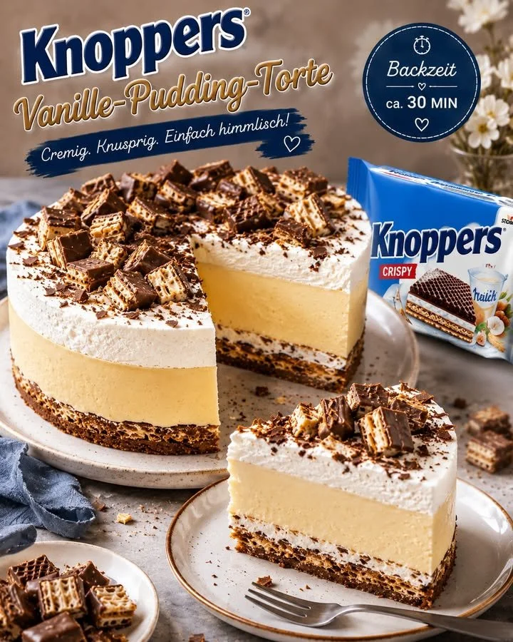 Torta di Pudding alla Vaniglia Knoppers con crema e biscotti