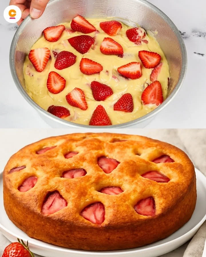 Torta Fragole e Yogurt decorata con fragole fresche e crema bianca