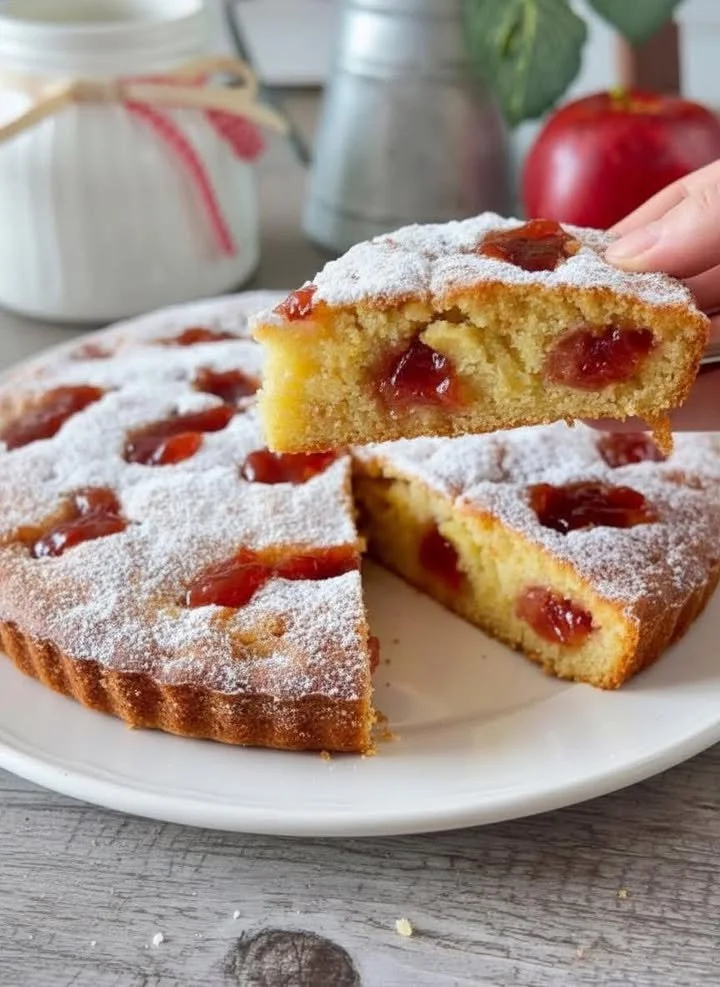Torta Soffice Versata alla Marmellata decorata con marmellata e zucchero a velo