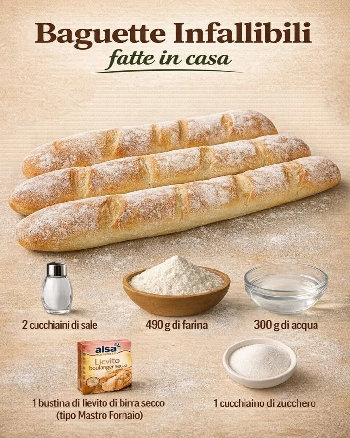 Baguette appena sfornata, croccante e dorata, preparata in casa.