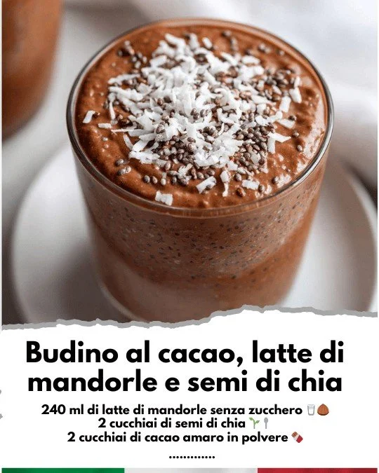 Budino al cacao con latte di mandorle e semi di chia in una ciotola decorativa.