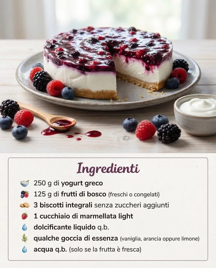 Cheesecake yogurt greco con frutti di bosco, dessert leggero e gustoso.