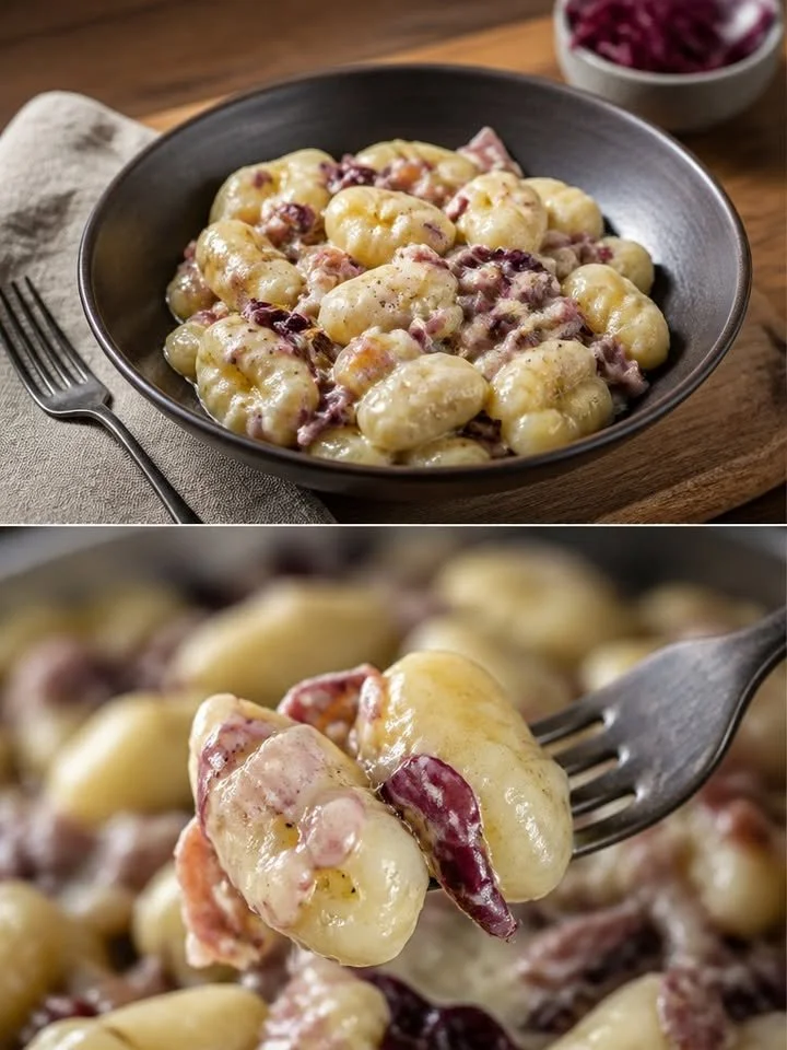 Chicche di patate al gorgonzola con fontina speck e radicchio