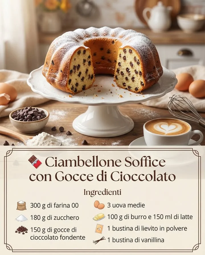 Ciambellone soffice con gocce di cioccolato su un piatto