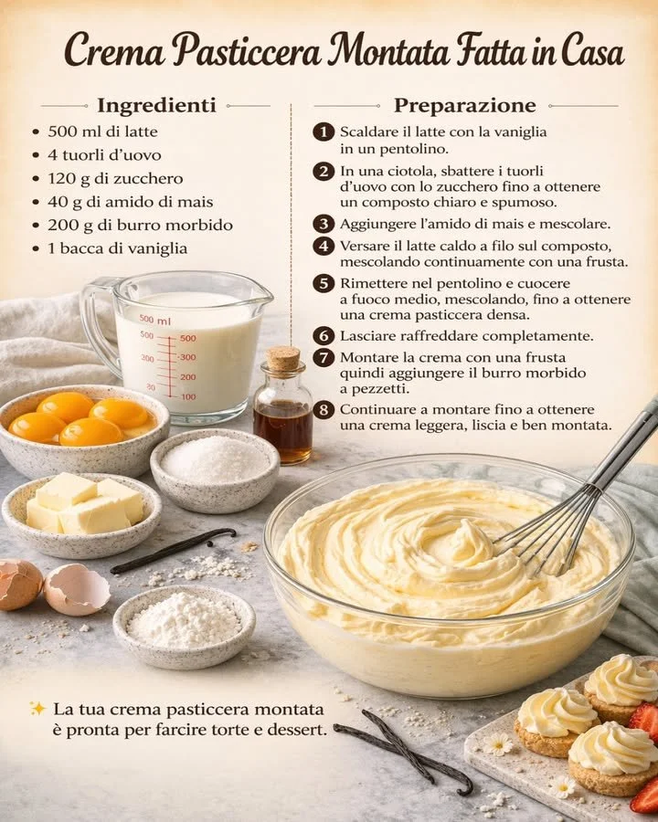 Crema pasticcera montata fatta in casa perfetta per dolci e dessert