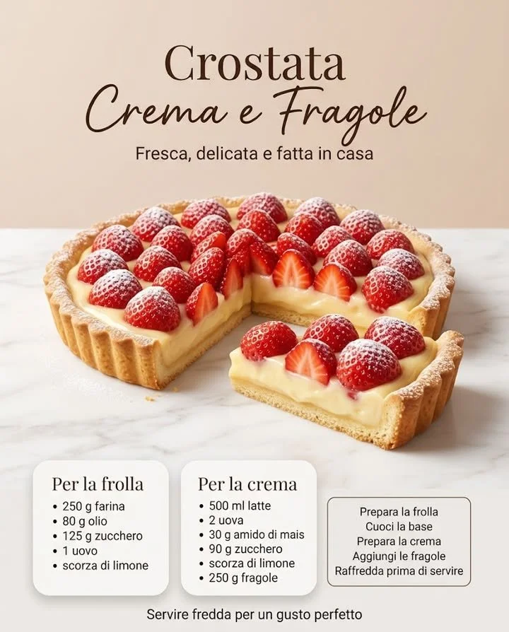 Crostata al limone e fragole decorata con crema fresca