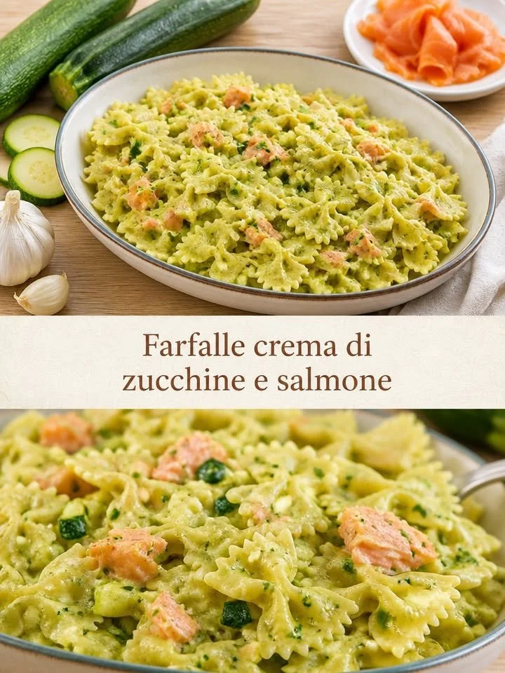 Farfalle con crema di zucchine e salmone in un piatto raffinato