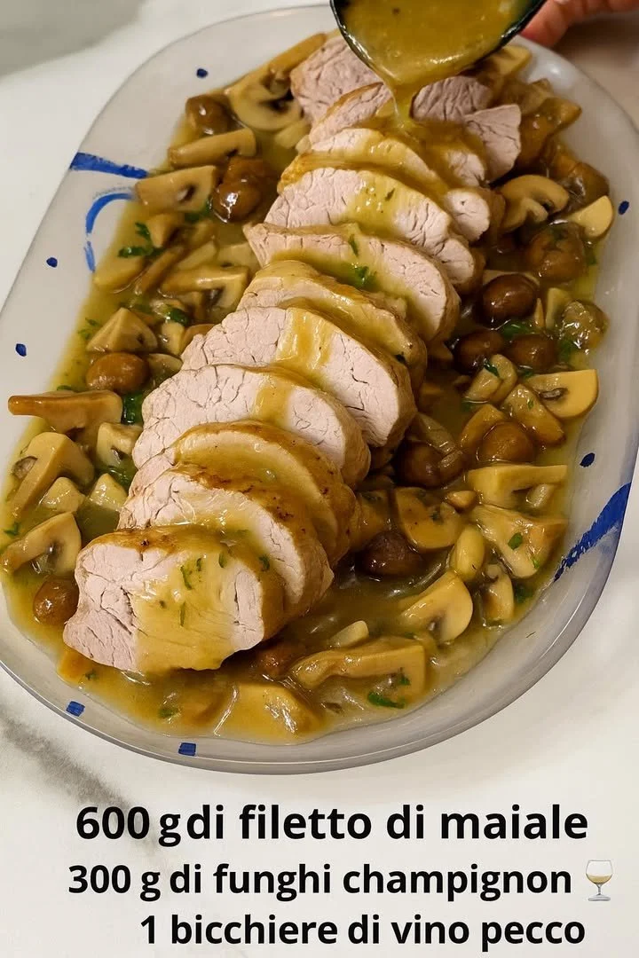 Filetto di maiale al vino con funghi servito in un piatto elegante
