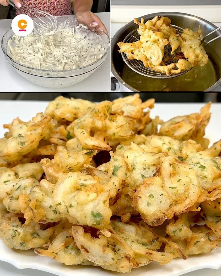 Frittelle di Cipolle appena fritte con un aspetto dorato e croccante