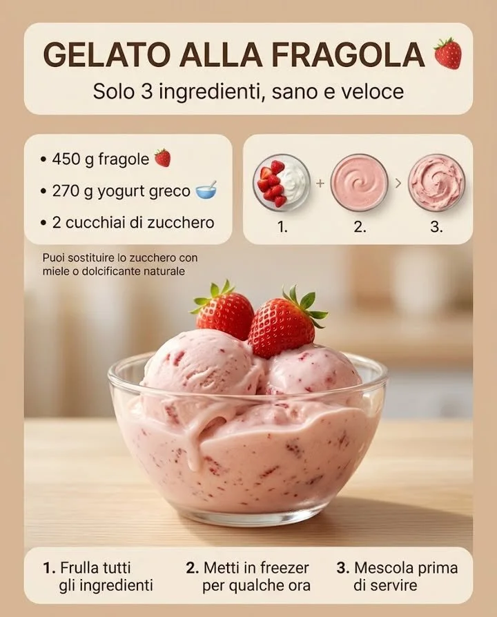 Gelato fragola fatto in casa con 3 ingredienti, morbido e cremoso.
