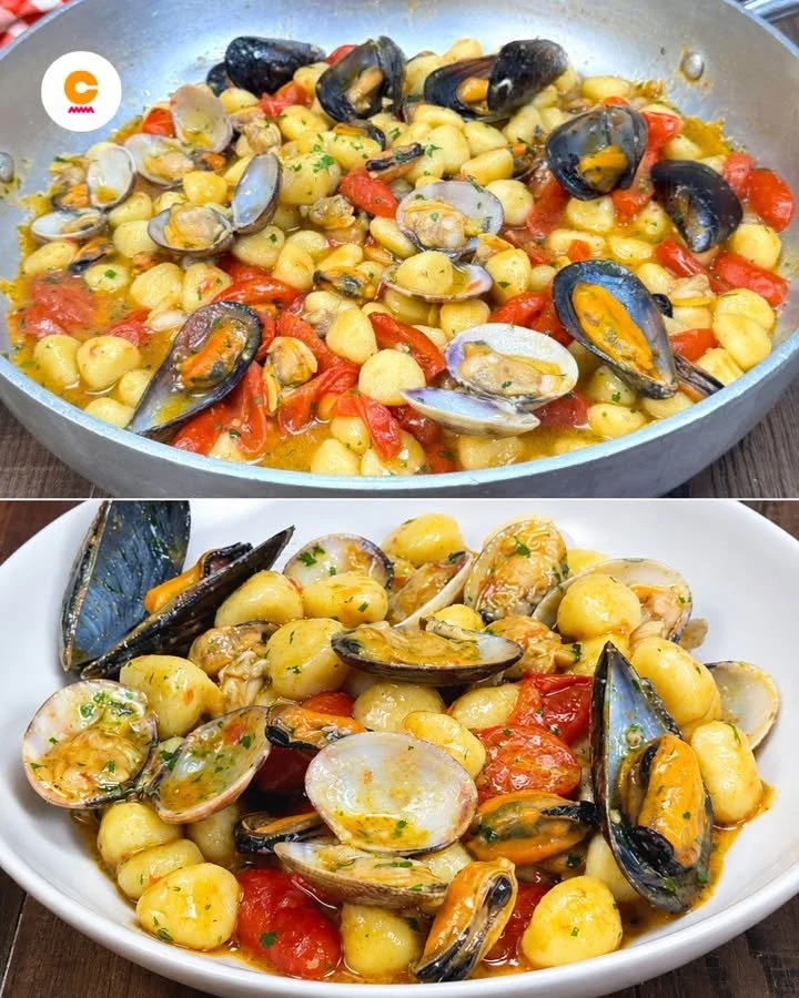 Piatto di Gnocchetti ai Frutti di Mare con gamberi e vongole.