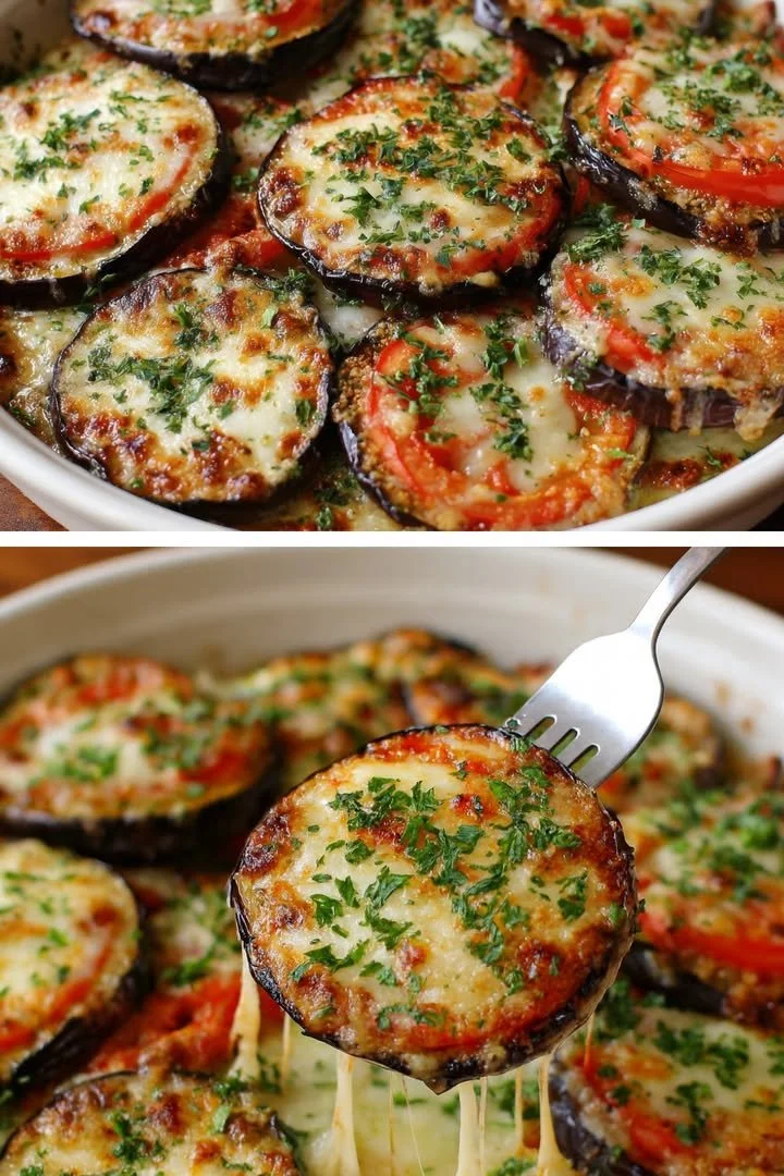 Melanzane al forno con pomodori freschi e scamorza filante